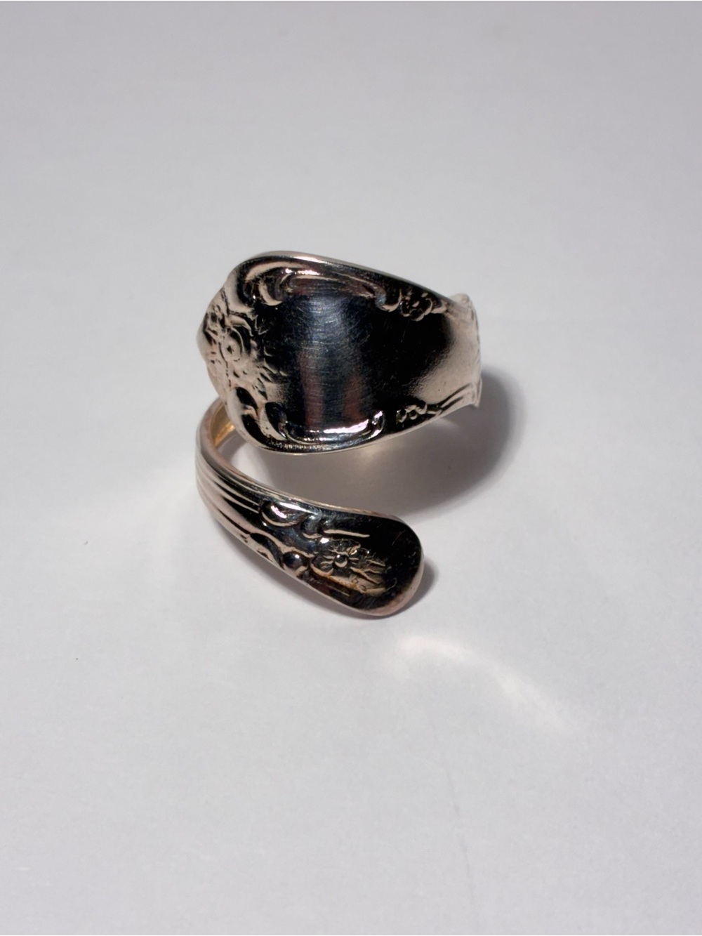 Vintage Silverplate Spoon Ring Adjustable Handmade Floral Pattern Wrap Ring